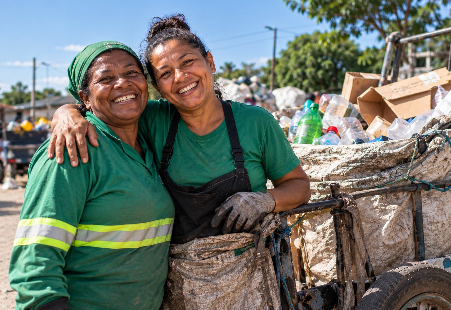 Duas catadoras sorrindo, abraçadas