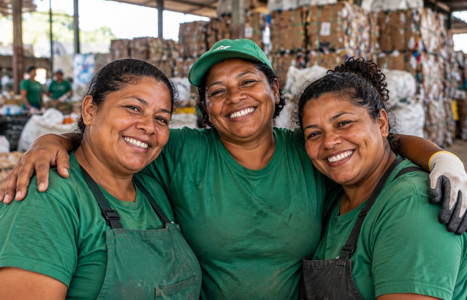 Três catadoras sorrindo, abraçadas