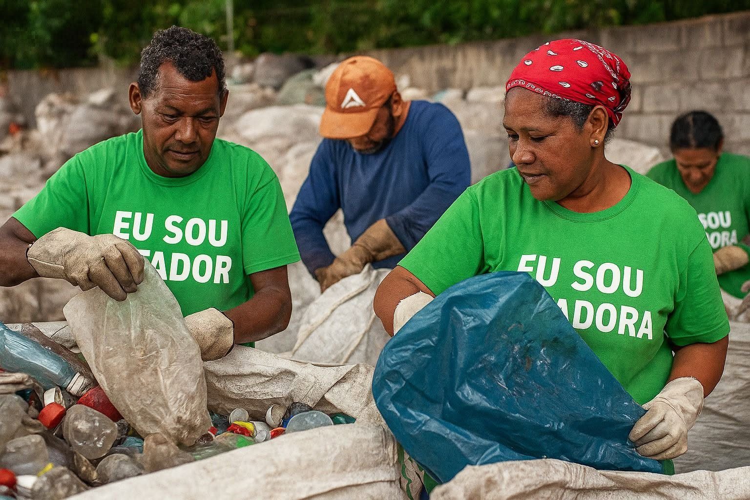 Catadoras com camisetas Eu Sou Catadora organizam fardos de latas